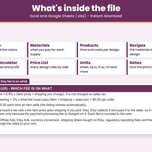 Tabs inside the .xlsx file for Excel and Google Sheets: Start Here, Materials, Products, Recipes, Pricing Calculator, Price List, Quote Builder, Order Tracker, Units, Notes