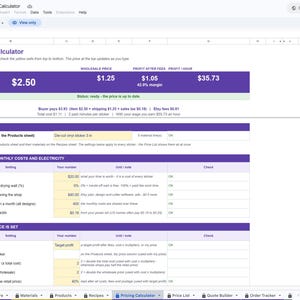 Unedited screenshot of the actual Sticker Pricing Calculator file opened in Google Sheets in view-only mode, showing the Pricing Calculator tab with the price at the top and the sheet tabs along the bottom