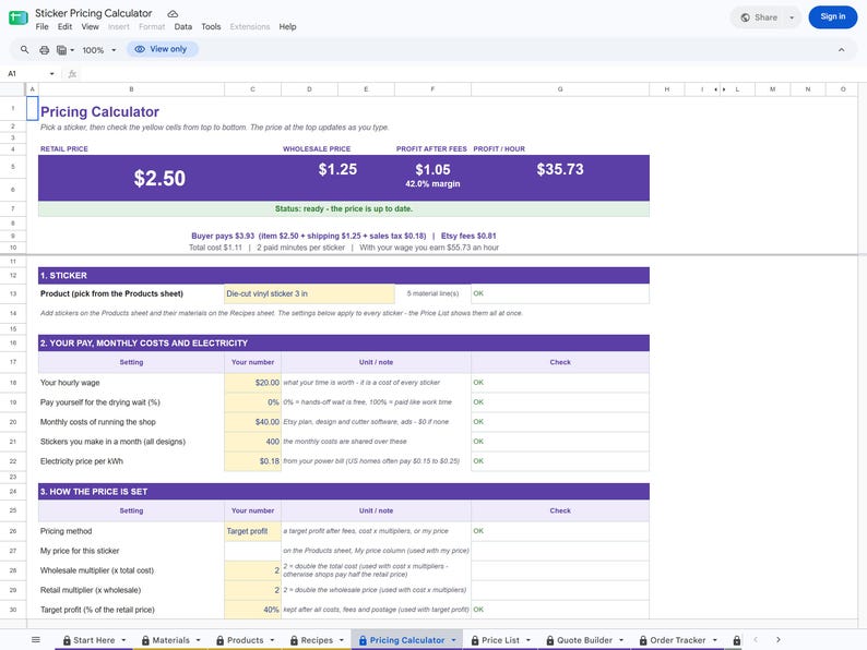 Unedited screenshot of the actual Sticker Pricing Calculator file opened in Google Sheets in view-only mode, showing the Pricing Calculator tab with the price at the top and the sheet tabs along the bottom