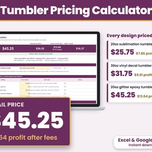 Tumbler Pricing Calculator Spreadsheet, Sublimation Epoxy Vinyl Tumbler Price Sheet, Excel and Google Sheets