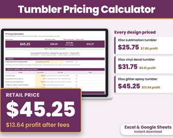 Tumbler Pricing Calculator Spreadsheet, Sublimation Epoxy Vinyl Tumbler Price Sheet, Excel and Google Sheets