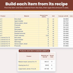 Recipes tab: build each board, box or grazing table from its cheese, meat, crackers and fruit so the food cost per board or per guest is added up