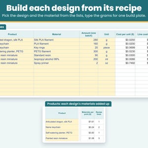 Recipes tab: build each 3D printed design from its filament grams and other supplies for one build plate so the material cost is added up