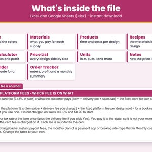 Tabs inside the .xlsx file for Excel and Google Sheets: Start Here, Materials, Products, Recipes, Pricing Calculator, Price List, Quote Builder, Order Tracker, Units, Notes