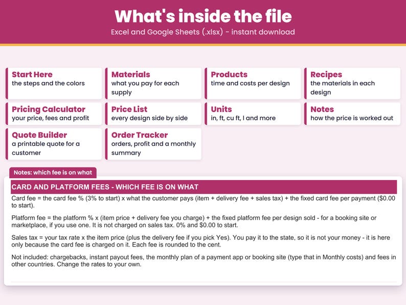 Tabs inside the .xlsx file for Excel and Google Sheets: Start Here, Materials, Products, Recipes, Pricing Calculator, Price List, Quote Builder, Order Tracker, Units, Notes