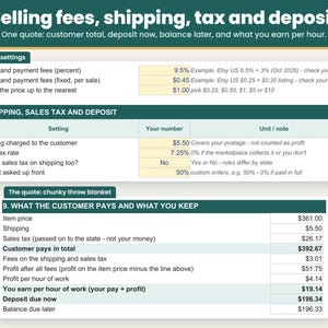 Quote with selling fees, shipping, tax, deposit now and balance later, plus earnings per hour