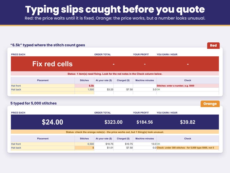 Input checks flag typing mistakes in red and unusual numbers in orange before you quote