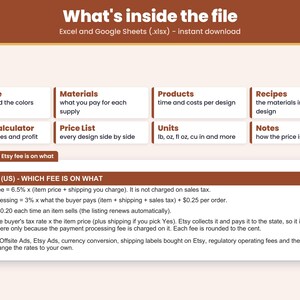 Tabs inside the .xlsx file for Excel and Google Sheets: Start Here, Materials, Products, Recipes, Pricing Calculator, Price List, Units, Notes