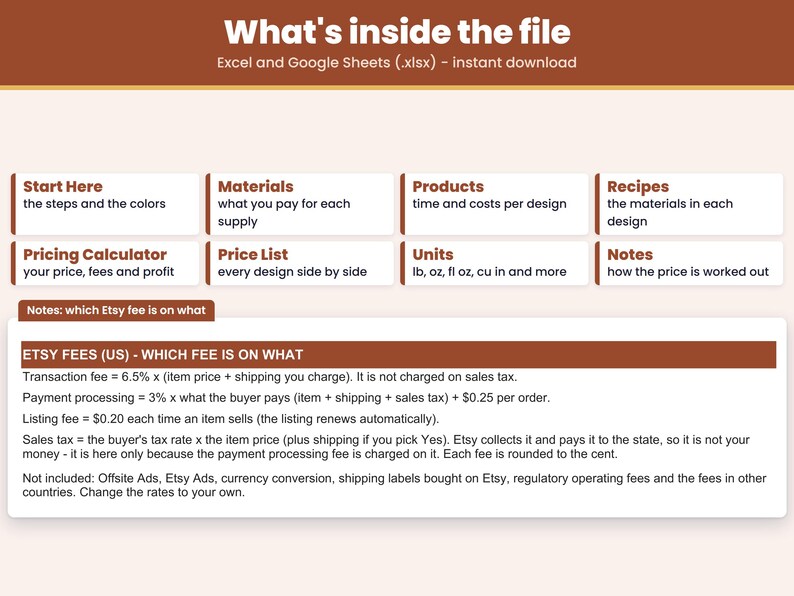 Tabs inside the .xlsx file for Excel and Google Sheets: Start Here, Materials, Products, Recipes, Pricing Calculator, Price List, Units, Notes