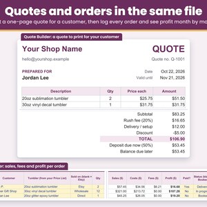 Example tumbler quote in the Quote Builder with a rush fee, delivery and a discount added, and the Order Tracker logging every order with its sales, costs, fees and profit