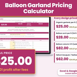 Balloon garland pricing calculator spreadsheet for Excel and Google Sheets showing the price per foot and the profit after card fees at the top