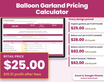 Balloon Garland Pricing Calculator Spreadsheet, Arch Price Per Foot, Balloon Business, Excel and Google Sheets