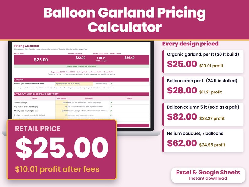 Balloon garland pricing calculator spreadsheet for Excel and Google Sheets showing the price per foot and the profit after card fees at the top
