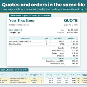 Example 3D print quote in the Quote Builder with a rush fee, delivery and a discount added, and the Order Tracker logging every order with its sales, costs, fees and profit