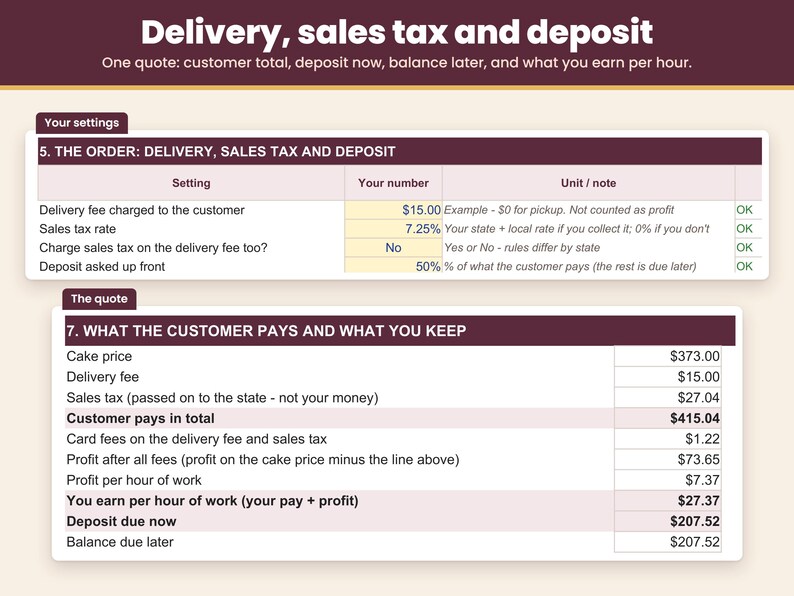 Quote with delivery, sales tax, deposit now and balance later, plus what you earn per hour