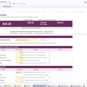 Unedited screenshot of the actual Tumbler Pricing Calculator file opened in Google Sheets in view-only mode, showing the Pricing Calculator tab with the price at the top and the sheet tabs along the bottom