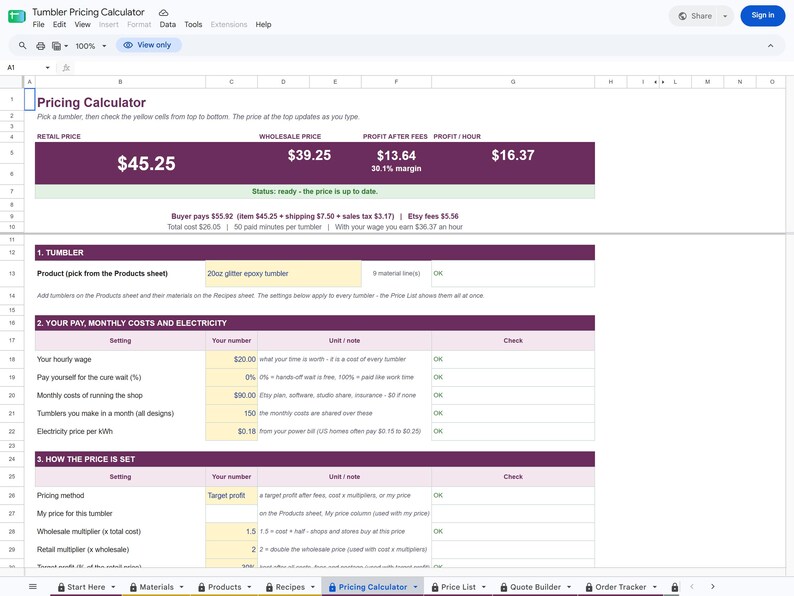 Unedited screenshot of the actual Tumbler Pricing Calculator file opened in Google Sheets in view-only mode, showing the Pricing Calculator tab with the price at the top and the sheet tabs along the bottom