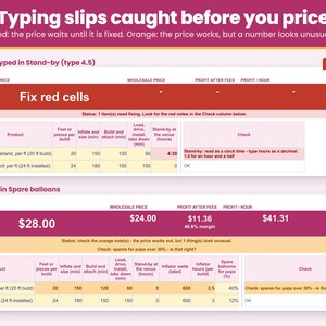 Typing slips such as a clock time typed in the stand-by turn the price red until fixed, and an unusual number shows an orange check