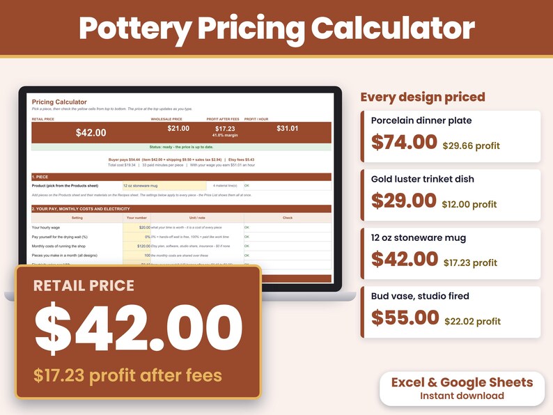 Pottery pricing calculator spreadsheet for Excel and Google Sheets showing the retail price per piece and profit after Etsy fees at the top