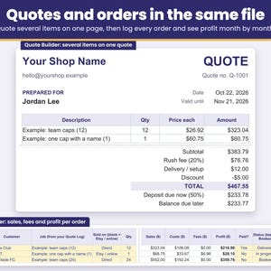 Example embroidery quote in the Quote Builder with two items, a rush fee, delivery and a discount added, and the Order Tracker logging every order with its sales, fees and profit
