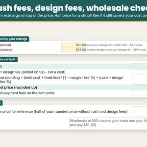 Custom order extras: rush fee, design fee and a wholesale price check