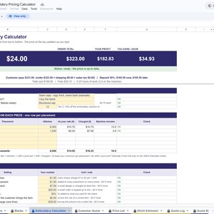 Unedited screenshot of the actual Machine Embroidery Pricing Calculator file opened in Google Sheets in view-only mode, showing the Embroidery Calculator tab with the price at the top and the sheet tabs along the bottom