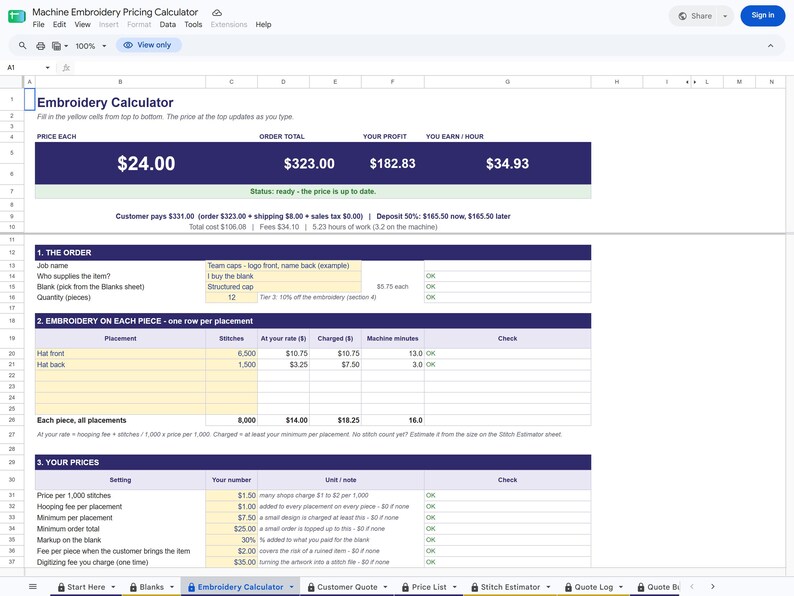 Unedited screenshot of the actual Machine Embroidery Pricing Calculator file opened in Google Sheets in view-only mode, showing the Embroidery Calculator tab with the price at the top and the sheet tabs along the bottom