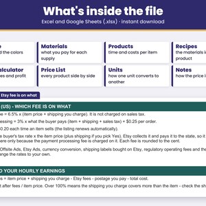 Tabs inside the .xlsx file for Excel and Google Sheets: Start Here, Materials, Products, Recipes, Pricing Calculator, Price List, Units, Notes
