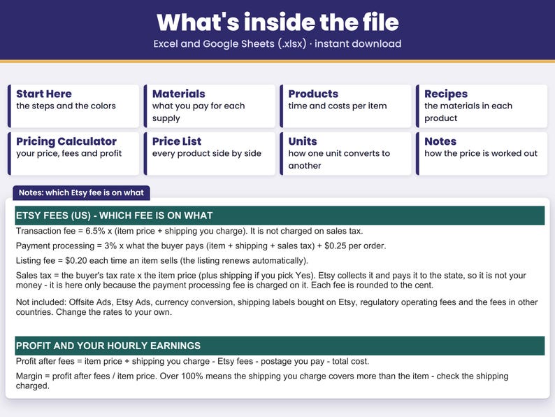 Tabs inside the .xlsx file for Excel and Google Sheets: Start Here, Materials, Products, Recipes, Pricing Calculator, Price List, Units, Notes