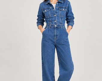 Women’s Blue Denim Jumpsuit, Long Sleeve Jean Romper, Button Front Utility Coverall, Casual Wide Leg One Piece Outfit