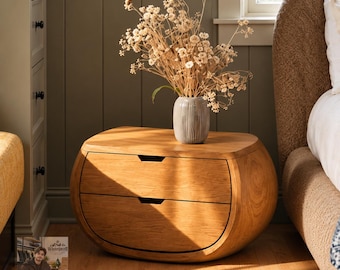 Mesita de noche redonda de madera con 2 cajones, mesita de noche escandinava, mesa auxiliar de madera moderna y orgánica, muebles de dormitorio.