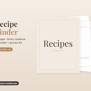 May include: A digital recipe binder set featuring 15 pages including a family cookbook, meal plan, and grocery list. The cover page displays the text Recipes, with additional text indicating US Letter and A4 sizes and instant download.
