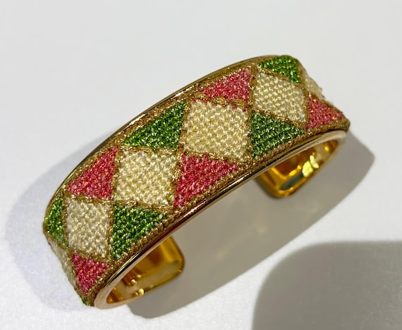 Gold Cuff Triangles Bracelet- Multicolor featuring pink, apple green, and off white