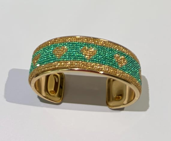 Gold Cuff Heart Bracelet - Turquoise with Gold hearts and trim