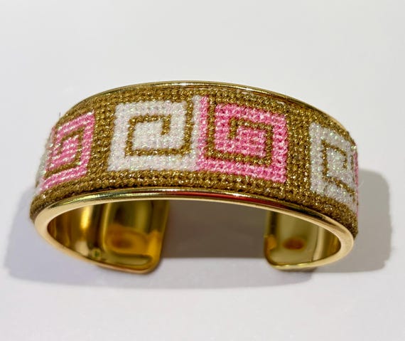 Gold Cuff Greek Key Bracelet - Pink, white and Gold