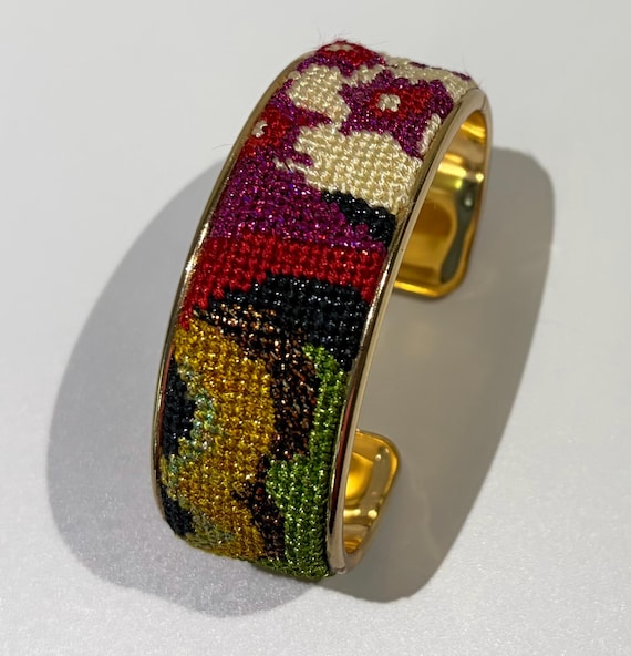 Hand-Needlepointed Gold Cuff Bracelet - Multi colored - 1"