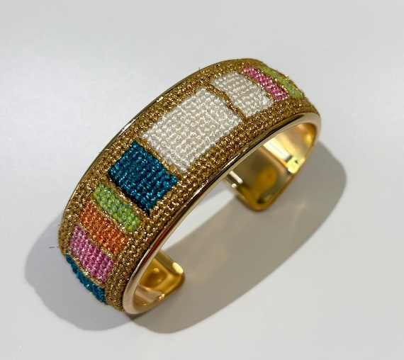 Gold Cuff Shapes Bracelet- Multicolor featuring pink, white, orange, lime green, turquoise