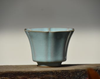 Hexagonal Ru Ware Tea Cup, Sky Blue Chinese Gongfu Cup