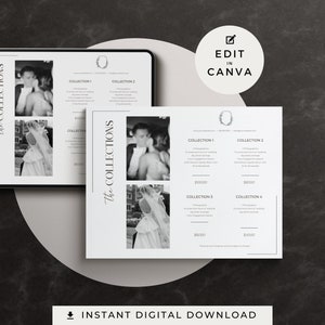 Plantilla de guía de precios de fotografía de bodas / Lista de precios para Canva / Lista de precios de servicios para fotógrafos / Plantilla Canva / Corbata Negra