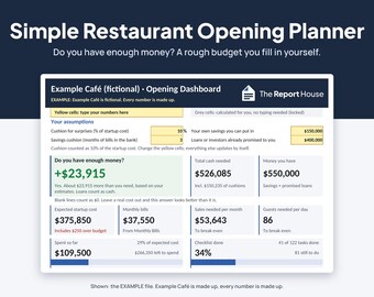 May include: A digital restaurant opening planner dashboard featuring a dark blue header with white text. The interface displays financial data, including startup costs, monthly bills, and cash flow projections with yellow input cells.