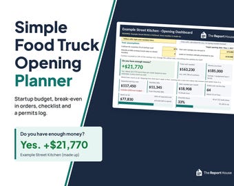 May include: A Simple Food Truck Opening Planner digital document featuring a dashboard for startup budgets, break-even analysis, checklists, and permit logs. The layout includes text fields, financial data, and the branding The Report House.