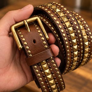 Brown Studded Belt with Gold Tone Buckle, Pyramid Rivets and Vintage Inspired Statement Style for Jeans, Denim and Casual Styling