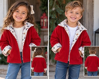 Puede incluir: Una chaqueta de pana roja con cuello ancho y puños forrados con una tela blanca estampada con pequeñas ilustraciones coloridas. La chaqueta tiene cierre de cremallera frontal y dos bolsillos laterales, mostrada en dos niños con vistas traseras.