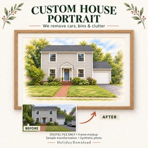 Custom Watercolor House Portrait from Photo, Clutter Removal, Personalized Digital Download