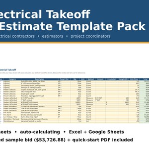 May include: An Electrical Takeoff & Estimate Template Pack for electrical contractors, estimators, and project coordinators. Includes a 9-sheet auto-calculating Excel and Google Sheets file with a sample bid of $53,726.88 and a quick-start PDF.