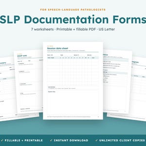 May include: A set of seven SLP documentation forms for speech-language pathologists, including printable and fillable US Letter PDF worksheets. The documents feature headers like Evaluation summary, SOAP note, and Session data sheet.
