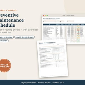 Może przedstawiać: Cyfrowy szablon harmonogramu konserwacji zapobiegawczej z widokiem arkusza kalkulacyjnego dla programów Excel i Google Sheets oraz dokumentem PDF do druku. Układ zawiera kolumny na zadania, częstotliwość i terminy wykonania w przejrzystym stylu.
