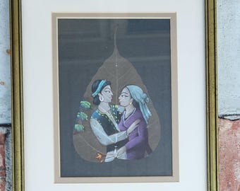 Framed Vintage Indian Pipal Leaf Painting. Traditional Rajasthani Hand-Painted Miniature Art on Dried Leaf, Lovers