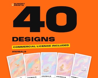May include: A digital collection of 40 animal designs by Sundry Prints, featuring a commercial license. The graphic displays five rectangular cards with pastel-colored, painterly backgrounds, each showcasing a small animal illustration.