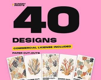 May include: A digital graphic featuring the text 40 DESIGNS, COMMERCIAL LICENSE INCLUDED, and PAPER CUT-OUTS. Below the text are five rectangular cards displaying various botanical and coral-inspired paper cut-out patterns in muted earth tones.